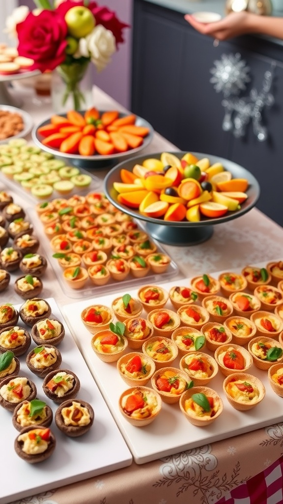 A beautifully arranged table filled with a variety of party appetizers including stuffed mushrooms, mini quiches, and vegetable platters.